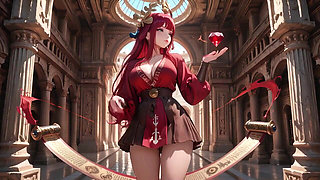 Ancient Stone Corridors Dappled with Light, She Lounges in a Circular Pool Overflowing with Liquid