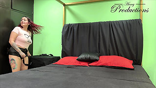 Horny MILF plays with her roommate's sex doll and he makes her suck his huge cock