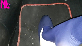 Dangling and Shoeplaying in Blue Pantyhose and Blue Flats on a Gas Station
