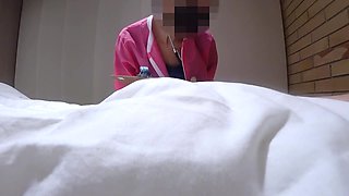 Two nurses tease my cock with their hands and then one of them starts riding it in reverse cowgirl position