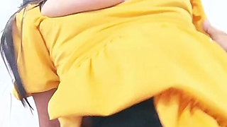 Busty MILF in Yellow Dressed Takes a Hot Riding Position with Her Husband's Friend