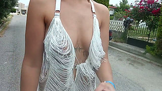 I flash my tits and pussy while walking down the street.