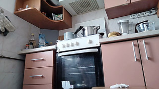 Hot Wife Prepares Naked Food in the Kitchen. Amateur Wife with Hairy Pussy, Big Tits, Big Ass.