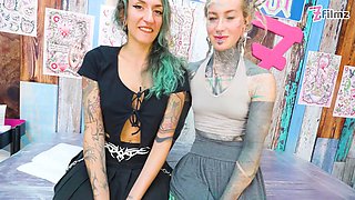Alt Tattoo Girls Lesbian Foreplay Tattooed Dick Anal Cumshot on Brand New Tattoo