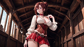 Lazy Tease on the Sun-Drenched Porch, Corset Cinching Her Curves, Fingertips Grazing Chest, That Forbidden Gaze in the Sunlight.