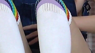 Girls Only Apartment in Japan, No Bra Big Tits Girl's Mini Skirt Overalls and Wedgie Thong Panties Observed From Under the Desk