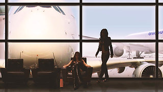 Hot Flight Scene 1 Lesbian Flight Attendants with Big Tits and Horny Fuck Each Other with a Dildo on the Plane