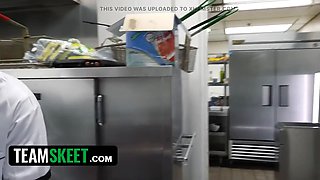 Small bunny fae takes on the entire kitchen crew in a insane restaurant group sex