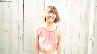 Japanese chick in pinkish underwear puts on a flash