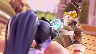 Widowmaker gets intimate with Tracer, making sultry eye contact while pleasuring her
