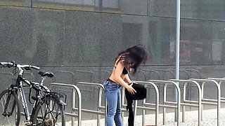 Brunettes public flashing and blowjob