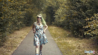 Naughty college girl walks in the notorious woods full of flashers