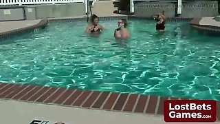 Amateur Lesbian Strip Game - Fingering Teen Cuties in Pool Threesome
