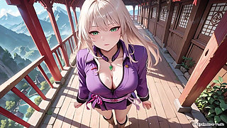 Purple Kimono Warrior! Forbidden Teasing in the Japanese Dojo. Kneeling with a Lifting Her Hem to Reveal Secrets.