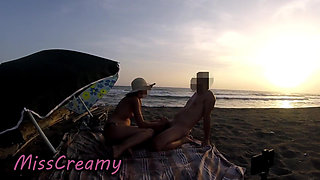French Teacher Extreme Public Blowjob on Nudist Beach with Voyeurs and Cumshot