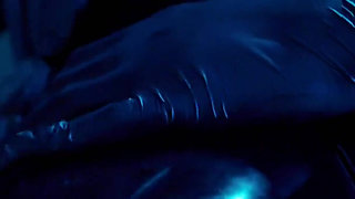 Tied up rubber girl in catsuit fucking herself