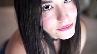 Busty curly brunette with big boobs fucks on couch