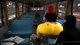 Big Ass Girl in Tight Yellow Leggings Waiting for the Bus