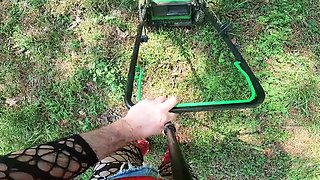 Sissy Crossdresser And Daisy Dukes - Exposed Giant Fake Tits Crossdresser In Corset And Running A Push Mower