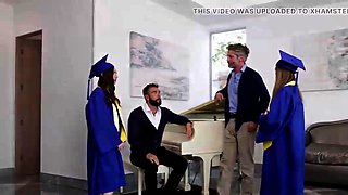 Four chicks with smallish boobies share a cock