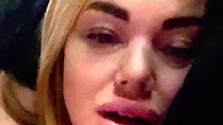 Blonde Housewife with big boobs masturbates with huge dildo