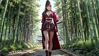 Crimson Samurai! Red-haired warrior kneeling in the sun, transitioning from silent grace to explosive sword strikes.
