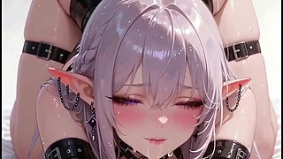 White-haired Anime Elf in Black Leather Latex