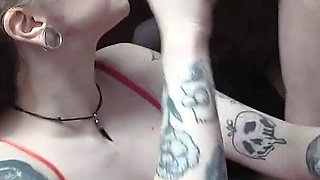 Tattooed Babe in Sexy Red Lingerie Want's a Cum Shower