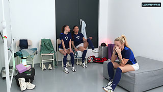 Locker Room After Football - Three Girls Share One Cock & Get a Creampie