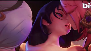 Lesbian Foursome - Yae Miko Yelan & Shenhe Please Raiden Shogun From Every Angle - 3d Genshin Impact