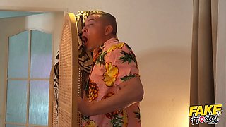 Faux hostel - cougar with a pile of bum shares her bed with 2 cocks