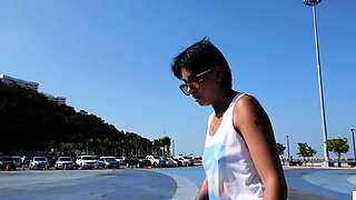 Thai skater teen relaxing on a big cock