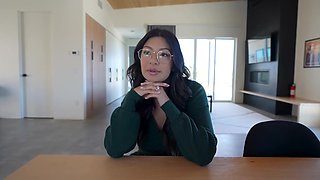 Brunette milf in those glasses rubs her pussy on camera and getting pounded hard on the dick