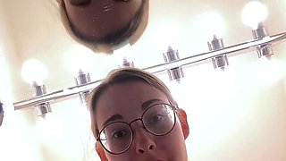 Amateur redhead Jacqueline with glasses masturbates
