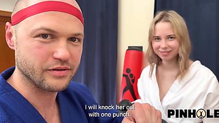 Karate cutie takes dick in her ass in front of an audience