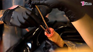 Three aggressive spandex princesses ruin tattooed victim with deep sounding & urethral fingering