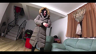 Glossy Fur Hood Downjacket. Deepthroat, Spit Play, Riding and Cum Dripping on My Coat
