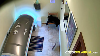 Czech Solarium 139: Big-tittied Brunette Strips Down Again