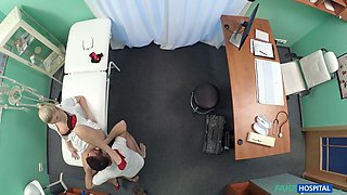 Fake medical center - repair fellow licks nurse vagina then cums on blonde nurse arse
