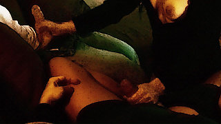 Hot wife enjoys jerking off two cocks at the same time on the couch