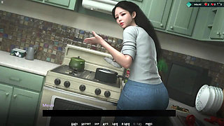Japanese Stepmom Showing Big Boobs Cleavage While She Cooking In Kitchen
