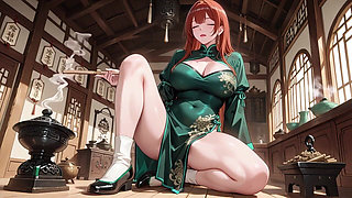 Red Hair & Emerald Qipao! Lazy Seduction in the Eastern Courtyard