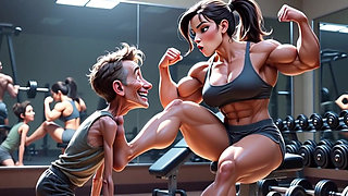 Muscular Woman Humiliates Skinny Man - Foot Worship Domination