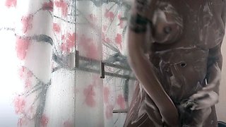 Cum showered bukkake brunette swallowing cum