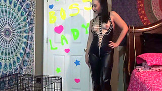 Solo mistress wearing latex shows her tits while talking dirty