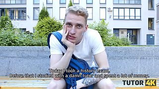 Tutor4k. fellow makes figure of teacher in stockings shake