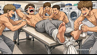 Tied Across The Laundromat Folding Table - College Jock, Roommates With Bare Fingers In His Armpits