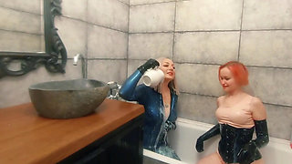 Bath Relax in Latex Rubber with Milk, Romantic Funny Fetish Video