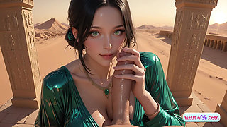 Emerald-eyed goddess is pounded deep among ruins