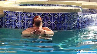 Hot Long Haired Ginger MILF Taking a Dip and Fucking in Outdoor Pool